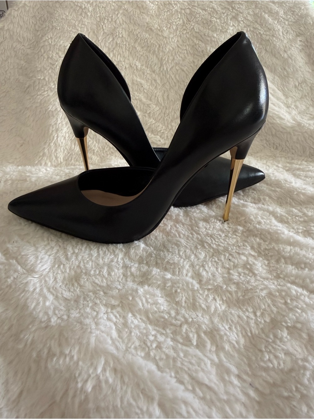 Aldo Black Pointed Leather-Look Pumps with Gold Stiletto Heel